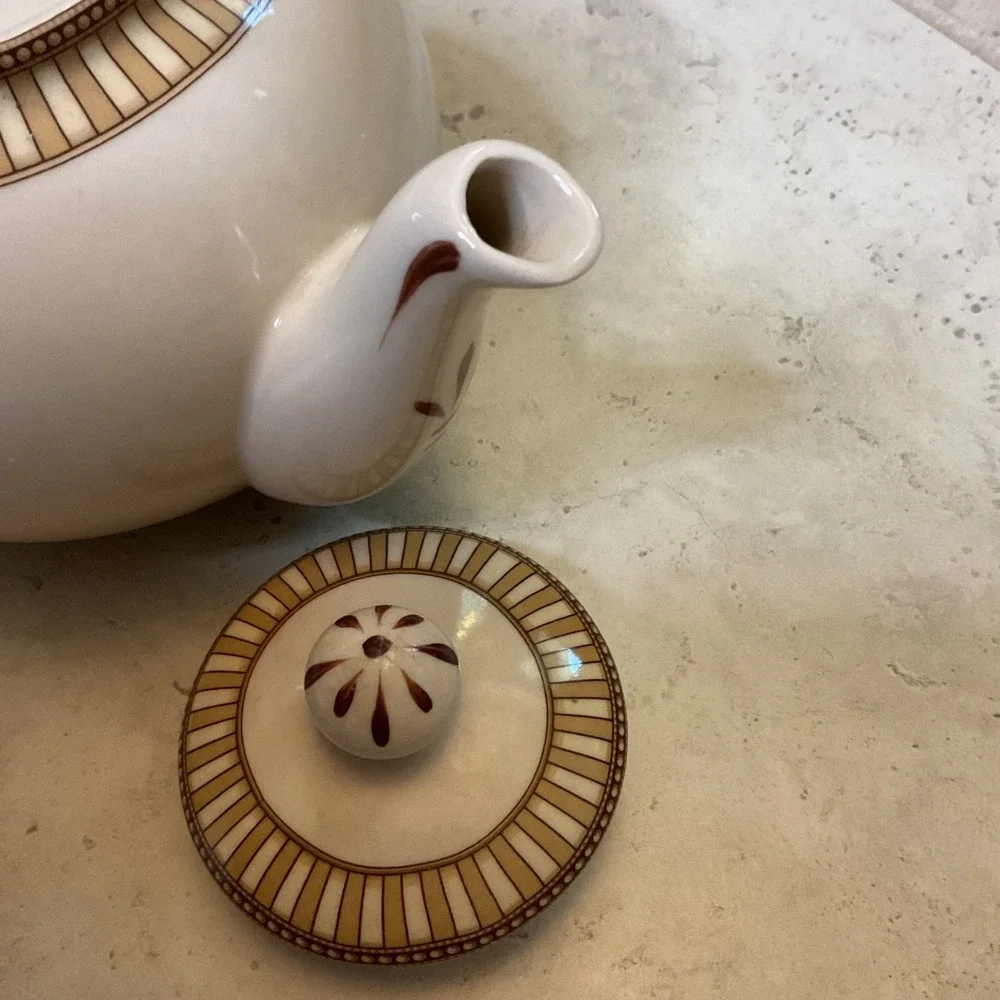 Vintage Burton & Burton Birds of Prey Ceramic Teapot Cream w/ Striped Border